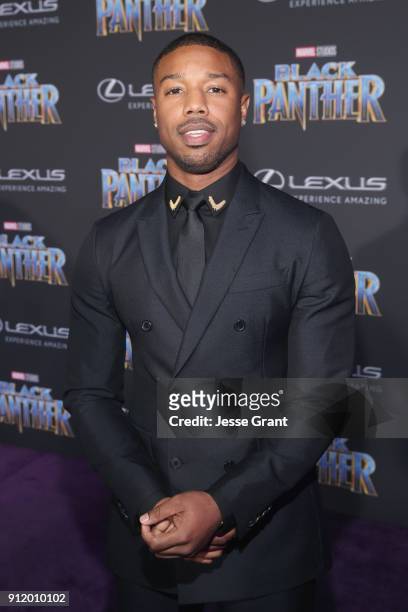 Actor Michael B. Jordan at the Los Angeles World Premiere of Marvel Studios' BLACK PANTHER at Dolby Theatre on January 29, 2018 in Hollywood,...