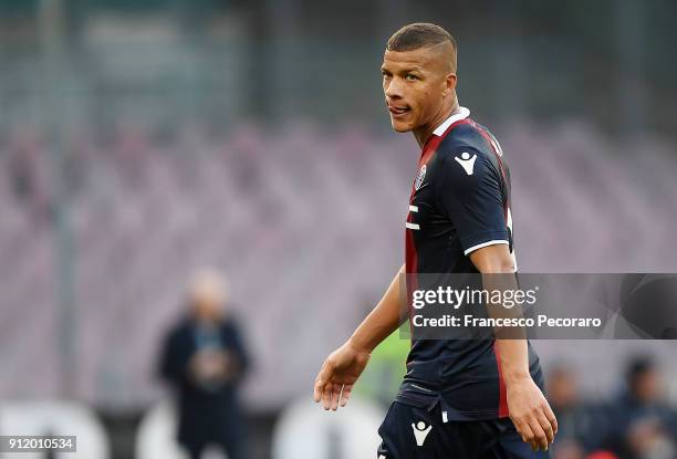 Sebastien De Maio of Bologna FC in action during the serie A match between SSC Napoli and Bologna FC at Stadio San Paolo on January 28, 2018 in...