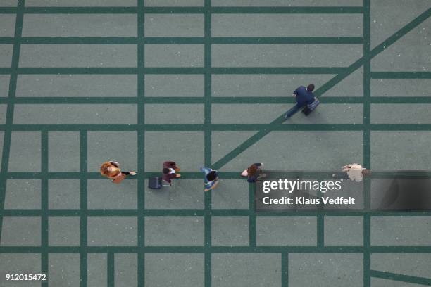 businesspeople walking in line on road, painted on asphalt, one person walking off in different direction - opposite direction stockfoto's en -beelden