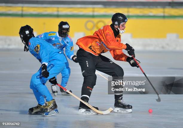 Players in action in the 2018 World Bandy Championship Men B Group during the match between Netherlands and Somalia at the Harbin sport university...