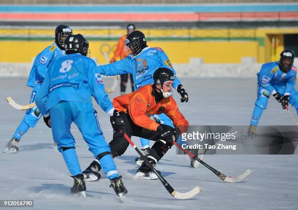 Players in action in the 2018 World Bandy Championship Men B Group during the match between Netherlands and Somalia at the Harbin sport university...