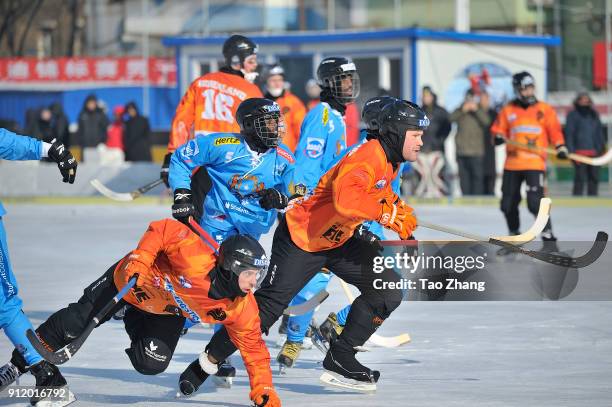 Players in action in the 2018 World Bandy Championship Men B Group during the match between Netherlands and Somalia at the Harbin sport university...