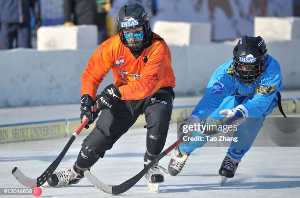 Players in action in the 2018 World Bandy Championship Men B Group during the match between Netherlands and Somalia at the Harbin sport university...