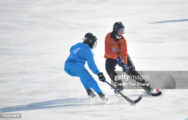 Players in action in the 2018 World Bandy Championship Men B Group during the match between Netherlands and Somalia at the Harbin sport university...