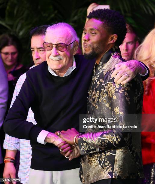 Stan Lee and Chadwick Boseman attend the premiere of Disney and Marvel's 'Black Panther' on January 28, 2018 in Los Angeles, California.