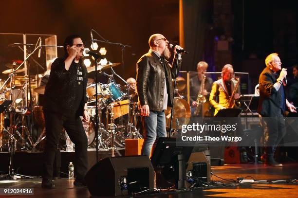 Vocalists Bobby Kimball, Chris Thompson and Nick Van Eede perform onstage during the ManDoki Soulmates "Wings Of Freedom" concert at The Beacon...