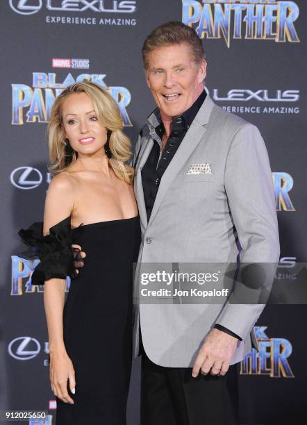 David Hasselhoff and Hayley Roberts attend the Los Angeles Premiere "Black Panther" at Dolby Theatre on January 29, 2018 in Hollywood, California.