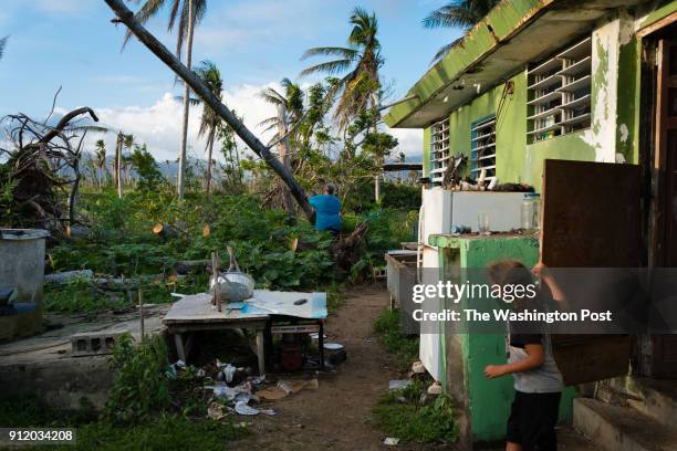 Julio Ortiz watches his father, Angel Ortiz cut a fallen tree in the backyard. The home is now powerless and the wind peeled the paint from the walls...