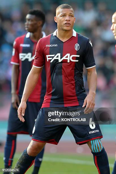 Bologna's French defender Sebastian De Maio looks on during the Italian Serie A football match SSC Napoli vs Bologna FC 1909 on Jaunary 28 2018 at...