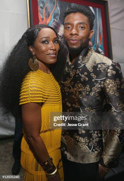 Actors Angela Bassett and Chadwick Boseman at the Los Angeles World Premiere of Marvel Studios' BLACK PANTHER at Dolby Theatre on January 29, 2018 in...