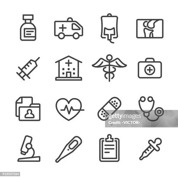 ilustrações, clipart, desenhos animados e ícones de conjunto de ícones de medicina e saúde - linha série - recipiente para comprimidos