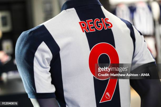 West Bromwich Albion shirt is seen with Regis 9 on the back during the Cyrille Regis Memorial Service at The Hawthorns on January 30, 2018 in West...