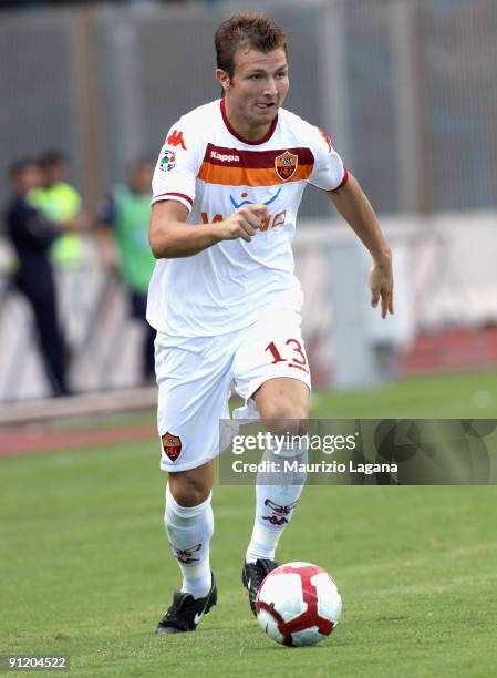 Marco Motta of AS Roma is shown in action during the Serie A match between Catania Calcio and AS Roma at Stadio Angelo Massimino on September 27,...