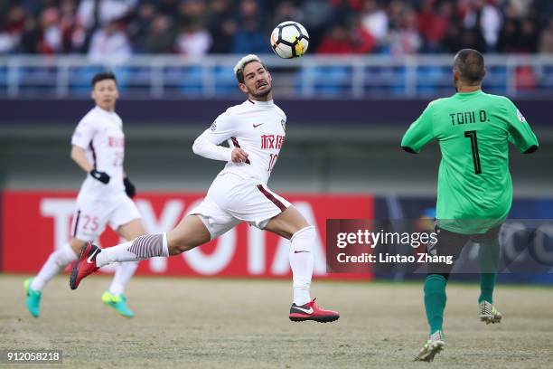 Alexandre Pato of Tianjin Quanjian in action on during the 2018 AFC Champions League qualifying match between Tianjin Quanjian and Ceres-Negros at...