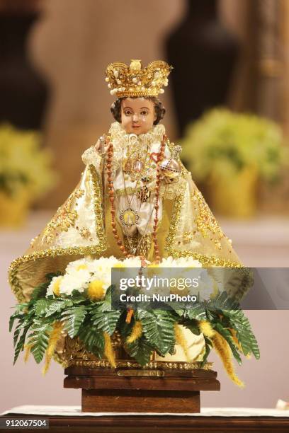 Close-up of a statue of Santo Niño waiting to be blessed during a special mass celebrating the Feast of Santo Niño de Cebú in Toronto, Ontario,...