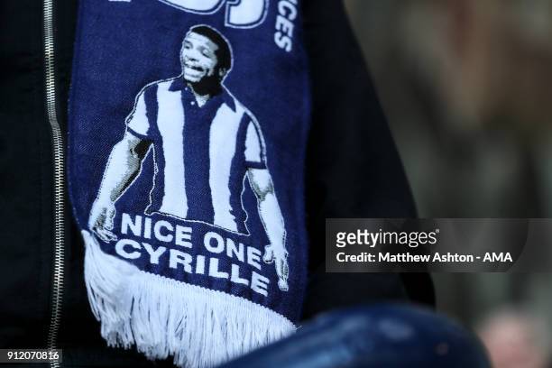 Scarf is seen which reads Nice One Cyrille during the Cyrille Regis Memorial Service at The Hawthorns on January 30, 2018 in West Bromwich, England.