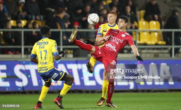 Beveren , Belgium / Waasland-Beveren v Zulte Waregem / "nVictorien ANGBAN - Maximiliano CAUFRIEZ - Hamdi HARBAOUI"nFootball Jupiler Pro League 2017 -...