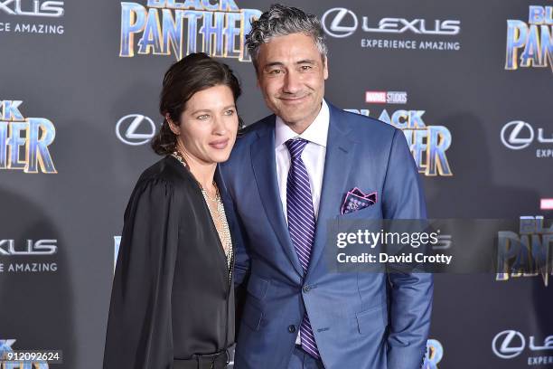Taika Waititi and Chelsea Winstanley attend the Premiere Of Disney And Marvel's "Black Panther" - Arrivals on January 29, 2018 in Hollywood,...