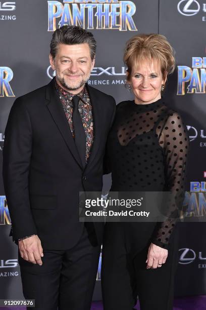 Andy Serkis and Lorraine Ashbourne attend the Premiere Of Disney And Marvel's "Black Panther" - Arrivals on January 29, 2018 in Hollywood, California.