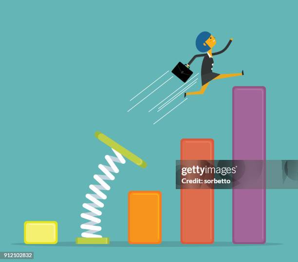 ilustraciones, imágenes clip art, dibujos animados e iconos de stock de empresaria de salto de trampolín - agilidad