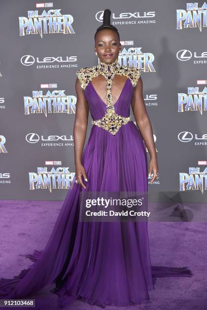 Lupita Nyong'o attends the Premiere Of Disney And Marvel's "Black Panther" - Arrivals on January 29, 2018 in Hollywood, California.