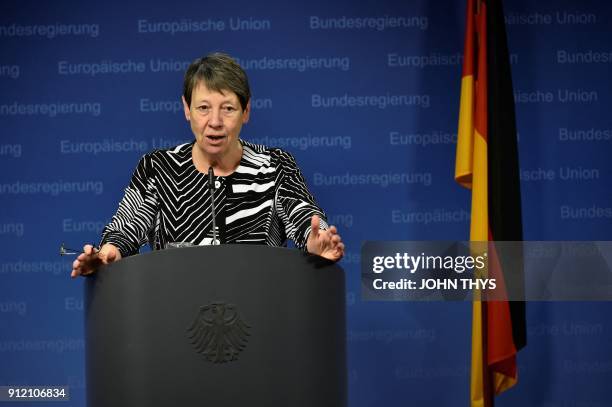 German minister of Environment Barbara Hendricks gives a press conference following the air quality ministerial summit at the Eu headquarters in...