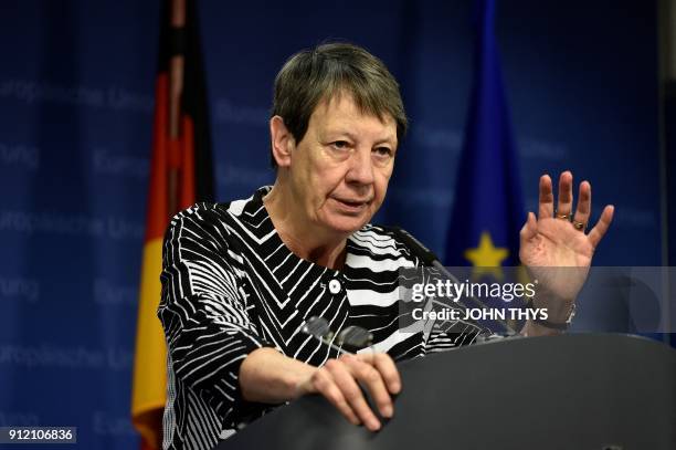 German minister of Environment Barbara Hendricks gives a press conference following the air quality ministerial summit at the Eu headquarters in...