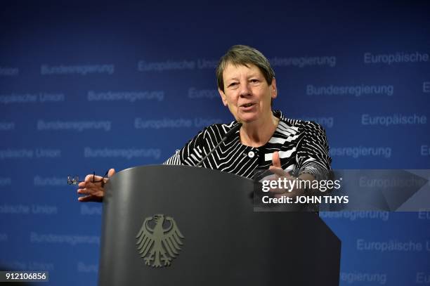 German minister of Environment Barbara Hendricks gives a press conference following the air quality ministerial summit at the Eu headquarters in...