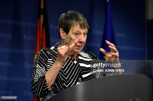 German minister of Environment Barbara Hendricks gives a press conference following the air quality ministerial summit at the Eu headquarters in...