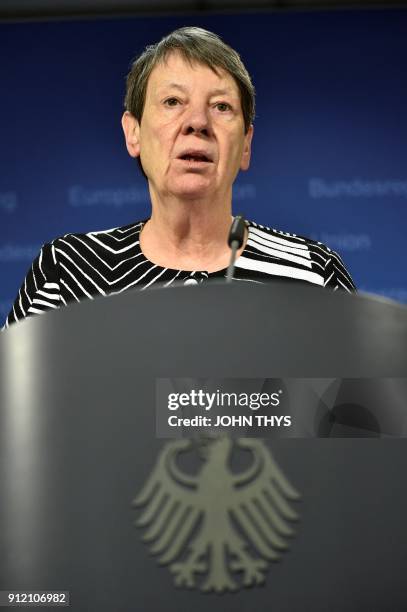 German minister of Environment Barbara Hendricks gives a press conference following the air quality ministerial summit at the Eu headquarters in...