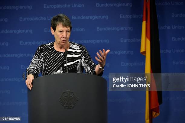 German minister of Environment Barbara Hendricks gives a press conference following the air quality ministerial summit at the Eu headquarters in...