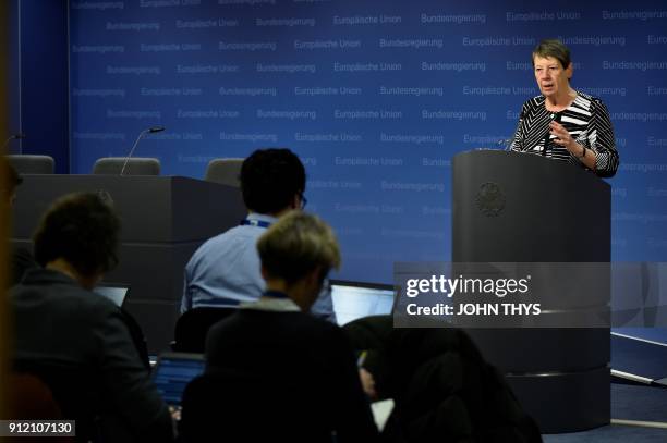 German minister of Environment Barbara Hendricks gives a press conference following the air quality ministerial summit at the Eu headquarters in...