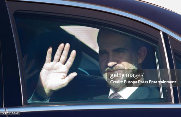 King Felipe of Spain is seen arriving to the act where King Felipe of Spain delivers Collar of The Distinguished 'Toison de Oro' to her daughter...