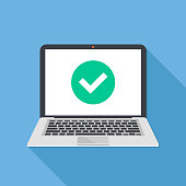 Laptop and check mark. Notebook and round green tick icon, checkmark on white screen. Successful update, accept, access granted, confirm, ok button, task completed concepts. Modern long shadow flat design. Vector illustration
