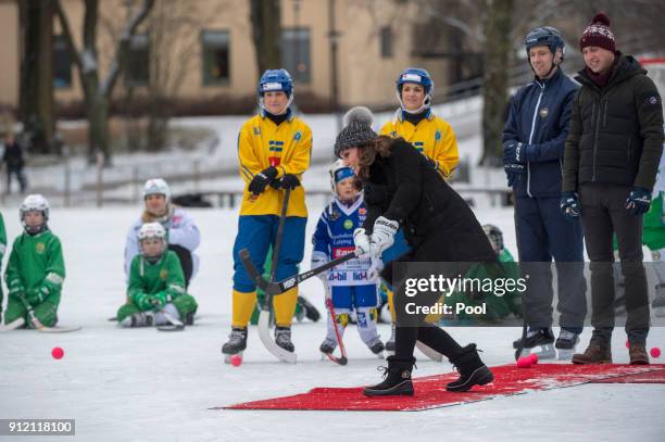 Catherine, Duchess of Cambridge and Prince William, Duke of Cambridge visit the Stockholm bandy team Hammarby IF where they will learn more about the...