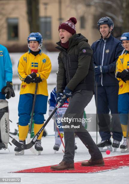 Catherine, Duchess of Cambridge and Prince William, Duke of Cambridge visit the Stockholm bandy team Hammarby IF where they will learn more about the...