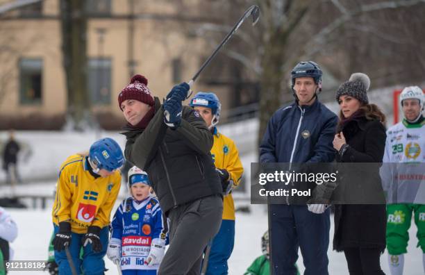 Catherine, Duchess of Cambridge and Prince William, Duke of Cambridge visit the Stockholm bandy team Hammarby IF where they will learn more about the...