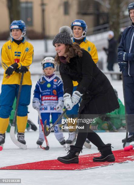 Catherine, Duchess of Cambridge and Prince William, Duke of Cambridge visit the Stockholm bandy team Hammarby IF where they will learn more about the...