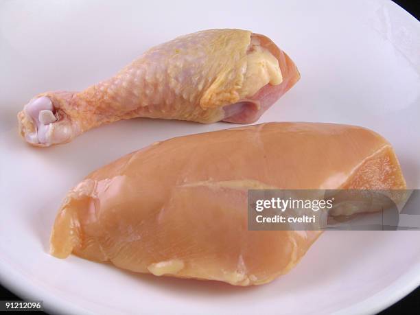 raw chicken isolated on white plate - pink chicken meat stock pictures, royalty-free photos & images