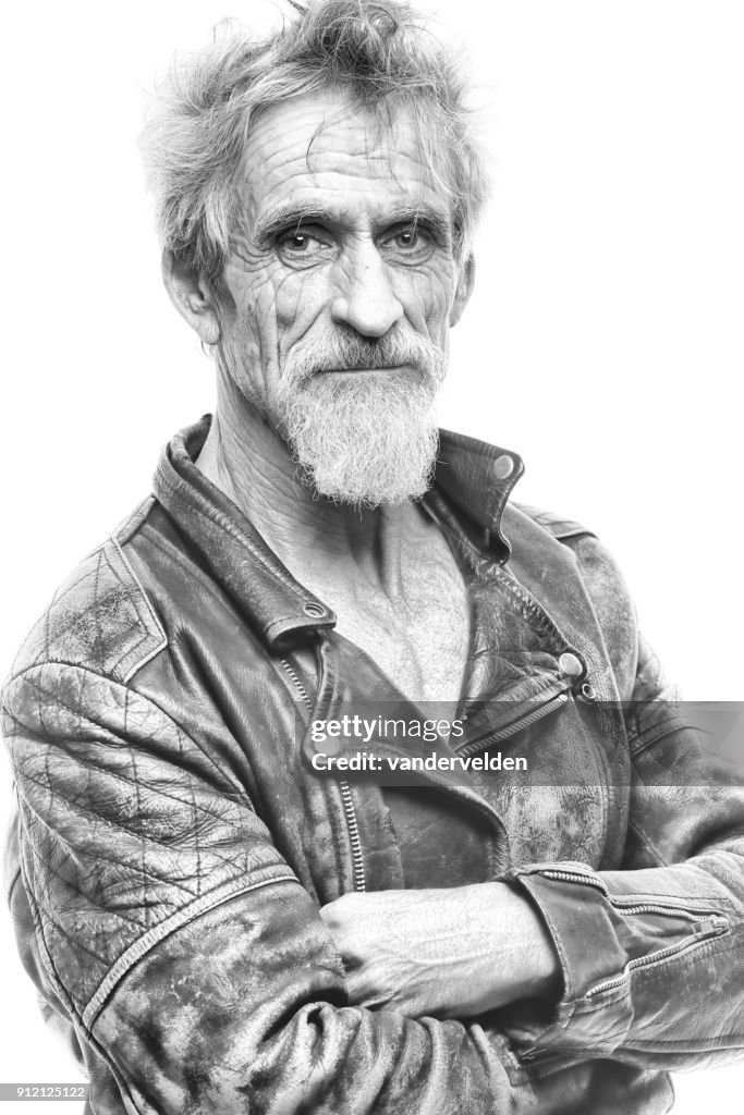 Portrait of an old rock star in mono