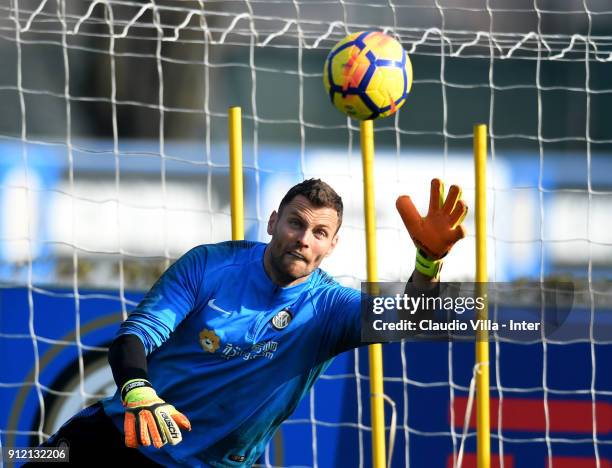 Daniele Padelli of FC Internazionale in action during the FC Internazionale training session at Suning Training Center at Appiano Gentile on January...