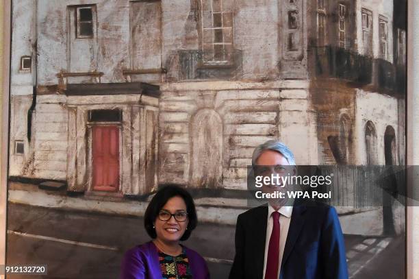 Chancellor of the Exchequer Philip Hammond greets Indonesia's Finance Minister Sri Mulyani Indrawati inside 11 Downing Street on January 30, 2018 in...