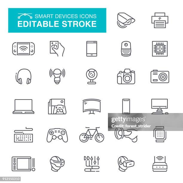 illustrazioni stock, clip art, cartoni animati e icone di tendenza di icone smart devices elettroniche tratto modificabile - tv phone tablet