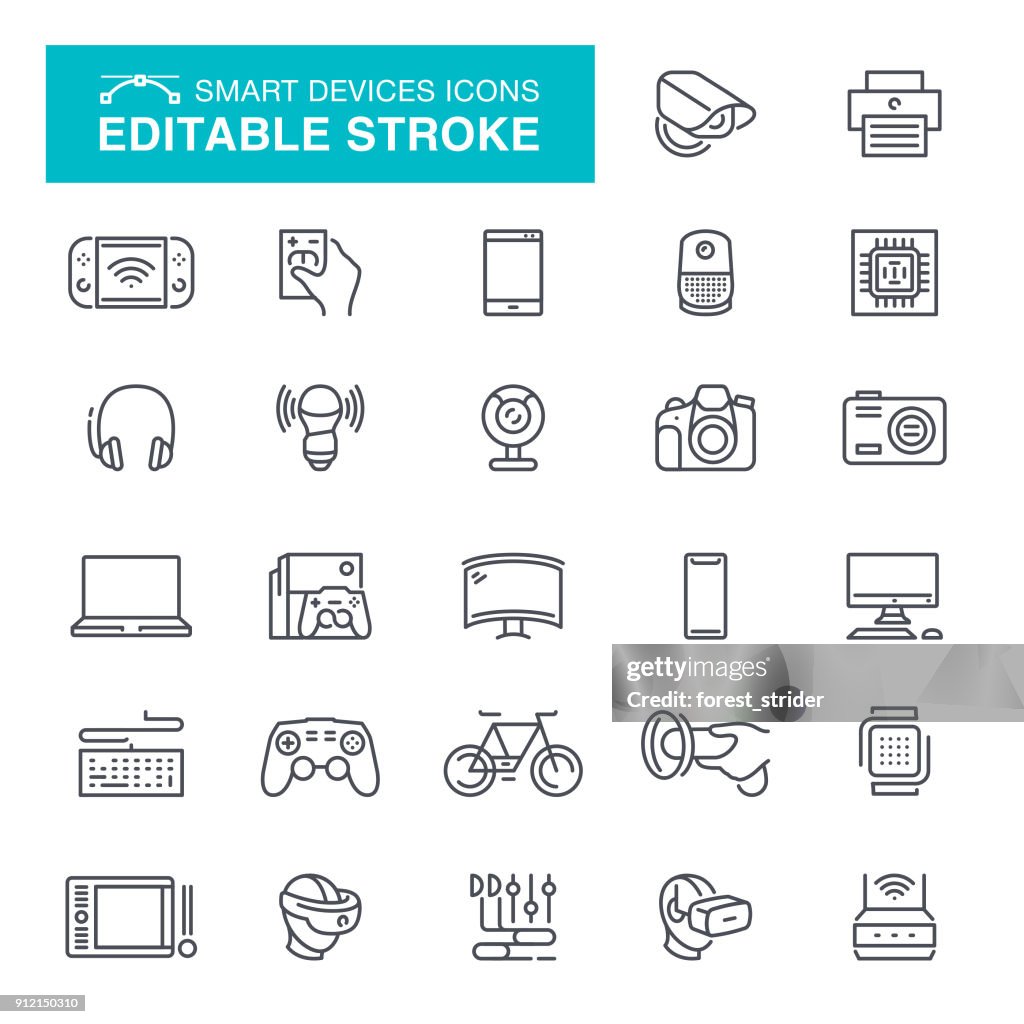 Dispositivos eletrônicos inteligentes ícones editável Stroke