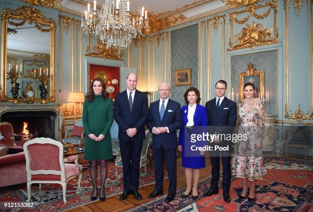 Catherine, Duchess of Cambridge and Prince William, Duke of Cambridge pose with King Carl XVI Gustaf of Sweden, Queen Silvia of Sweden, Prince...
