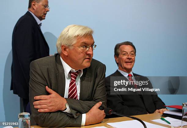 German Finance minister Peer Steinbrueck, the Social Democrats party main candidate Frank-Walter Steinmeier and the chairman of the Social Democratic...