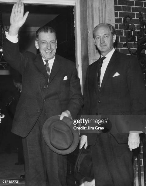 Irish Taoiseach Sean Lemass and his Minister for Finance Jack Lynch at 10 Downing Street for talks with British Prime Minister Harold Wilson, 26th...