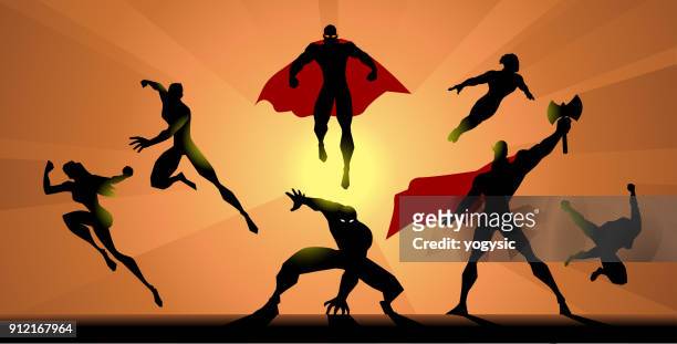 vector superhero team silhouette - superman silhouette stock illustrations