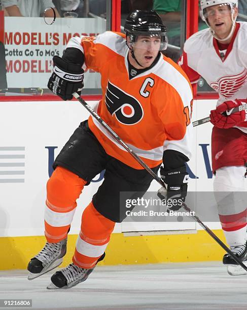 Mike Richards of the Philadelphia Flyers skates against the Detroit Red Wings during preseason action at the Wachovia Center on September 22, 2009 in...