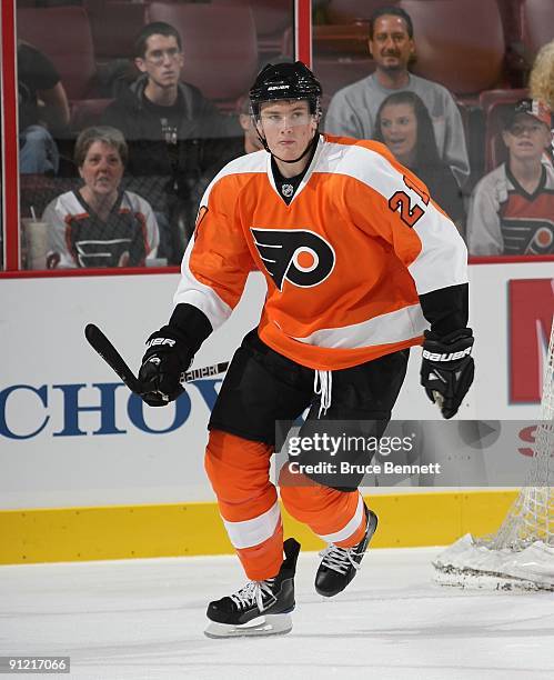 James van Riemsdyk of the Philadelphia Flyers skates against the Detroit Red Wings during preseason action at the Wachovia Center on September 22,...